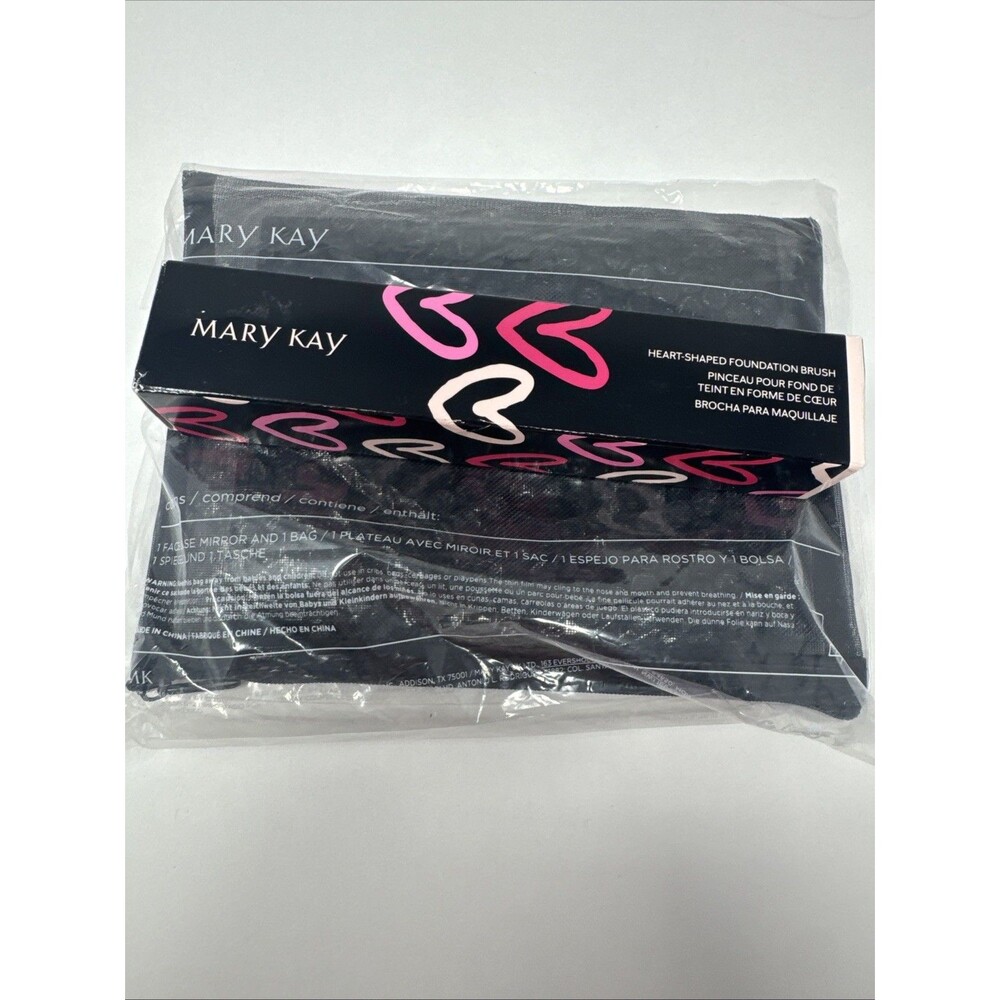 MARY KAY HEART-SHAPED FOUNDATION BRUSH 203687 + Mirror Case with Bag NEW